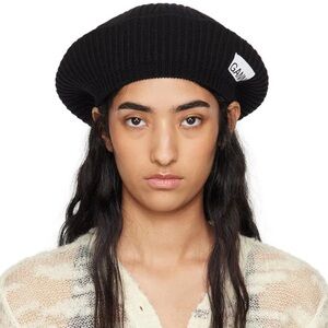 GANNI Wool Rib Knit Beret in Black O/S